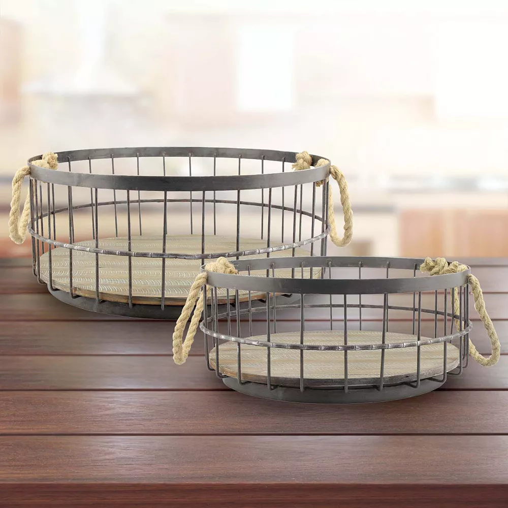 Stonebriar Collection Wire & Wood Coastal Basket 2-piece Set 2 Stonebriar Collection Wire & Wood Coastal Basket 2-piece Set - Image 2