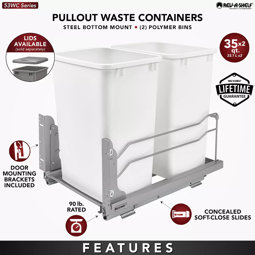 Rev-A-Shelf 53WC-1835SCDM-212 Double 35-Quart Pullout Soft Close Waste Container 3 Rev-A-Shelf 53WC-1835SCDM-212 Double 35-Quart Pullout Soft Close Waste Container - Image 3