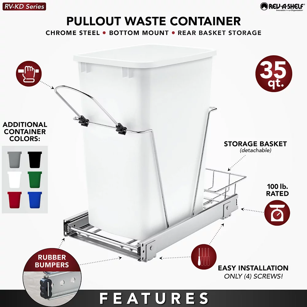 Rev-A-Shelf RV-12KD-13C-S Single 35 Quart Cabinet Pullout Waste Container, Gray 3 Rev-A-Shelf RV-12KD-13C-S Single 35 Quart Cabinet Pullout Waste Container, Gray - Image 3
