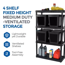 Gracious Living 4 Shelf Ventilated Garage Shelving + 4 Storage Bins & Lid, Black -US Storage Furniture Sales Store 5384342 ALT2