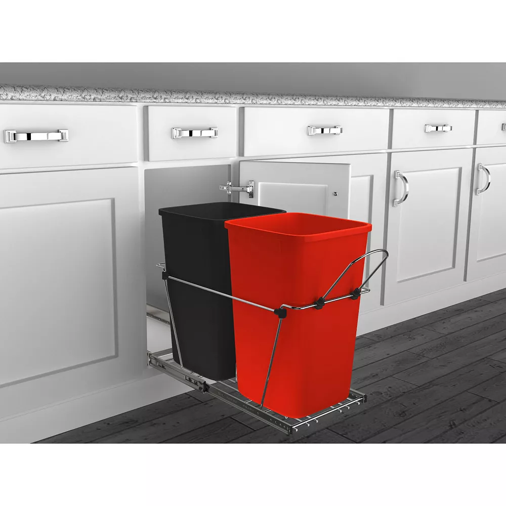 Rev-A-Shelf Double 27 Quart Sliding Pull Out Waste Bin Containers, Red & Black 2 Rev-A-Shelf Double 27 Quart Sliding Pull Out Waste Bin Containers, Red & Black - Image 2