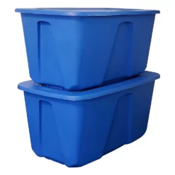 Homz 32 Gallon Standard Plastic Storage Container With Secure Lid, Blue, 2 Pack