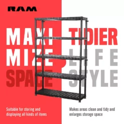 Ram Quality Products Extra 5 Tier Plastic Storage Shelf Unit For Garage, Black -US Storage Furniture Sales Store 5751682 ALT3