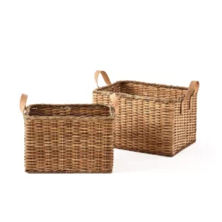 Saddle River Rectangular Faux Leather Handle Rattan Bin 2-piece Set