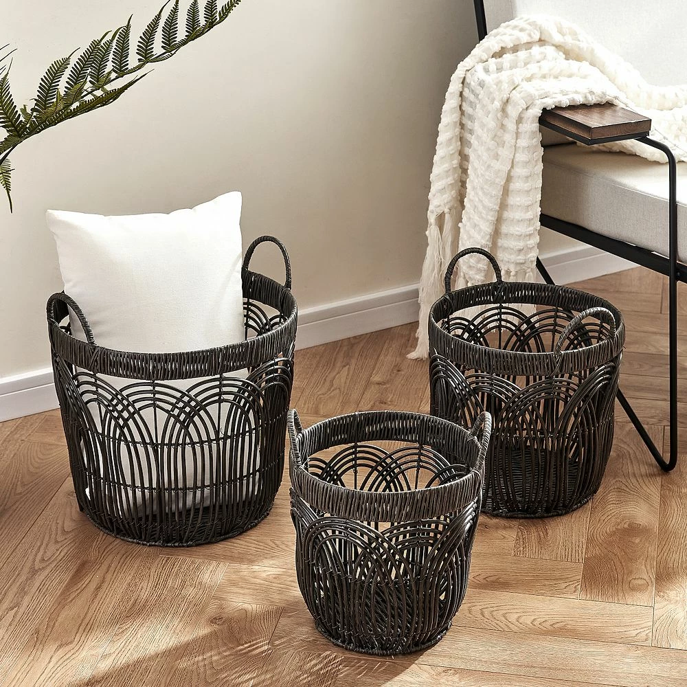 Saddle River Round Faux Wicker Decorative Basket 3-piece Set 3 Saddle River Round Faux Wicker Decorative Basket 3-piece Set - Image 3