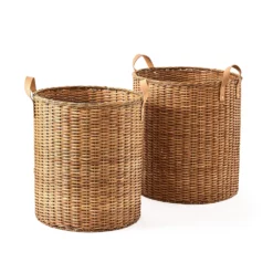 Saddle River Faux Leather Handle Round Rattan Bin 2-piece Set