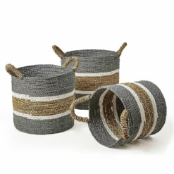 Saddle River Gray Seagrass & Raffia Basket 3-piece Set