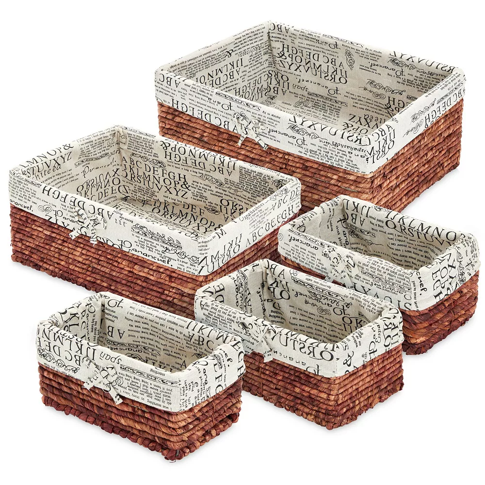 Set Of 5 Brown Wicker Baskets With Cloth Lining For Storage, Lined Bins For Organizing Closet Shelves, Text Pattern (3 Sizes) 1 Set Of 5 Brown Wicker Baskets With Cloth Lining For Storage, Lined Bins For Organizing Closet Shelves, Text Pattern (3 Sizes)
