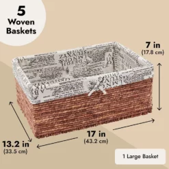 Set Of 5 Brown Wicker Baskets With Cloth Lining For Storage, Lined Bins For Organizing Closet Shelves, Text Pattern (3 Sizes) 7 Set Of 5 Brown Wicker Baskets With Cloth Lining For Storage, Lined Bins For Organizing Closet Shelves, Text Pattern (3 Sizes) -US Storage Furniture Sales Store 6094838 ALT3