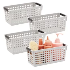 Grey Plastic Baskets With Handles For Bathroom, Laundry Room, Closet Organization (4 Pack)