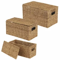 MDesign Woven Seagrass Home Storage Basket With Lid, Set Of 3