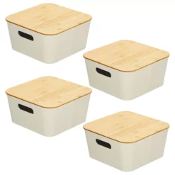 MDesign Soft Fabric Stacking Storage Bin Box And Wood Lid Cover, 4 Pack