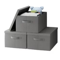 Foldable Storage Bin With Handles And Lid - Set Of 3