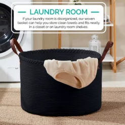 Extra Large Round Cotton Rope Storage Basket Laundry Hamper With Leather Handles -US Storage Furniture Sales Store 6131961 ALT2