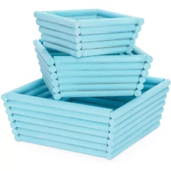 Blue Wooden Crate Nesting Boxes For Storage, Angled Design (3 Sizes, 3 Pieces)