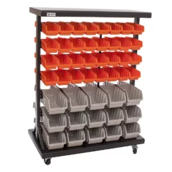 TRINITY 7 Tier Dual Sided Color Coded Rolling 94 Bin Storage Rack, Orange & Grey