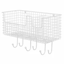 MDesign Metal Storage Organizer Basket With 6 Hooks - Wall Mount