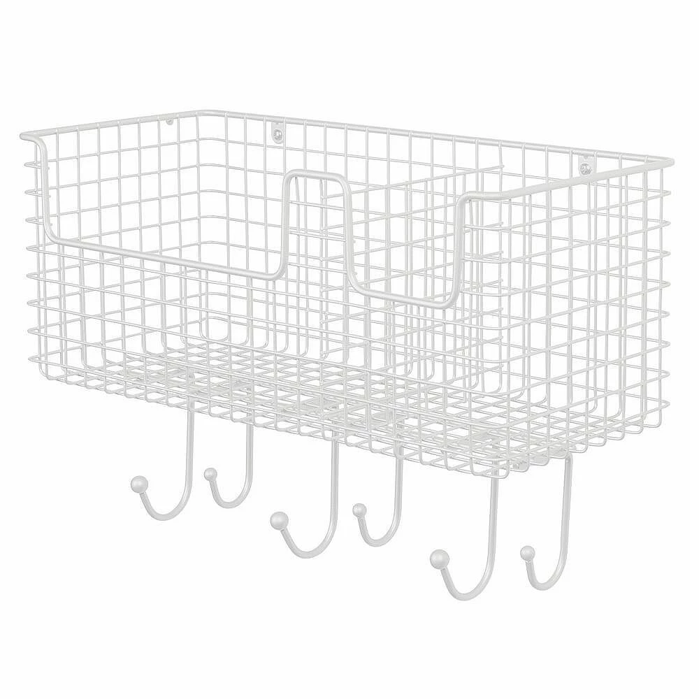 MDesign Metal Storage Organizer Basket With 6 Hooks - Wall Mount 1 MDesign Metal Storage Organizer Basket With 6 Hooks - Wall Mount