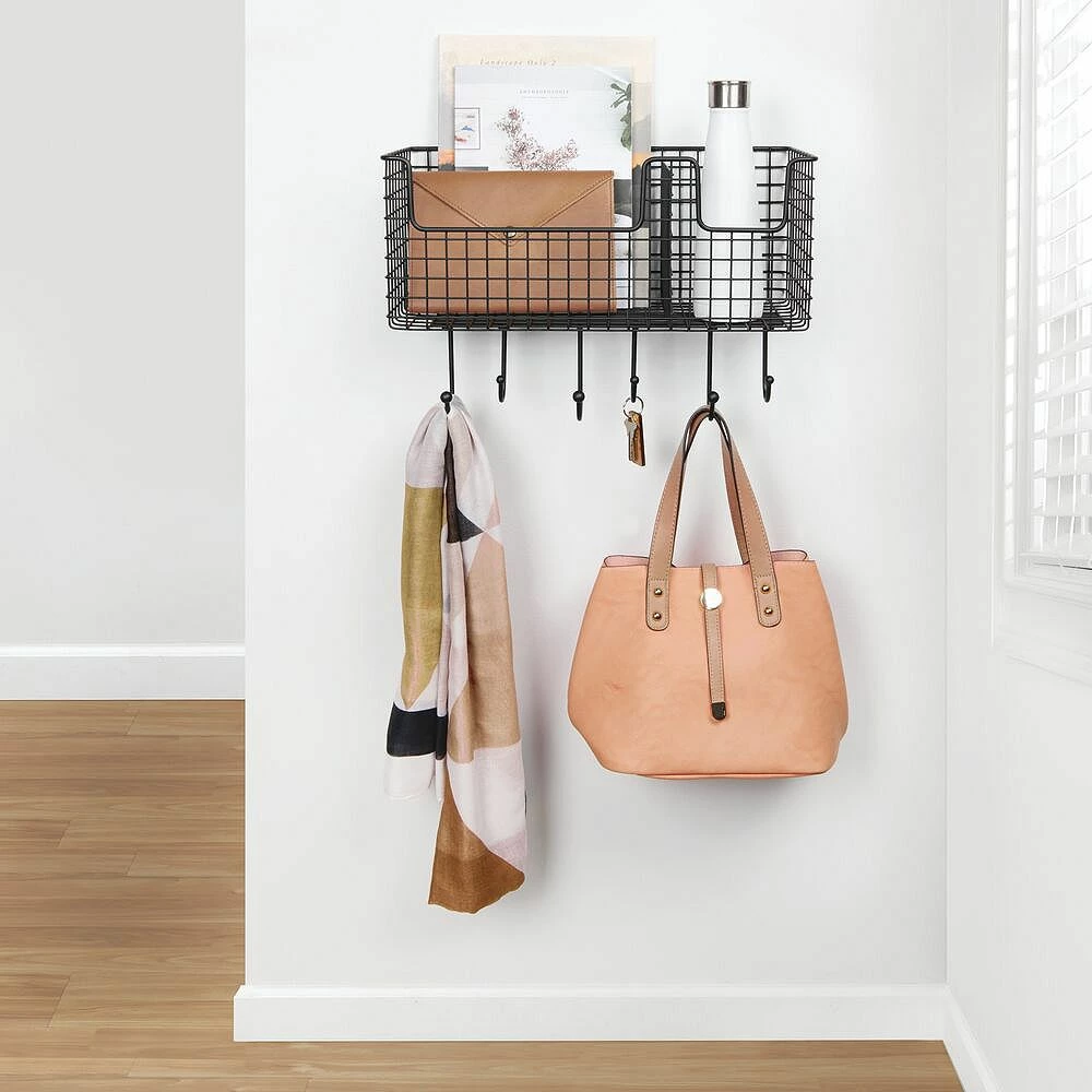 MDesign Metal Storage Organizer Basket With 6 Hooks - Wall Mount 2 MDesign Metal Storage Organizer Basket With 6 Hooks - Wall Mount - Image 2